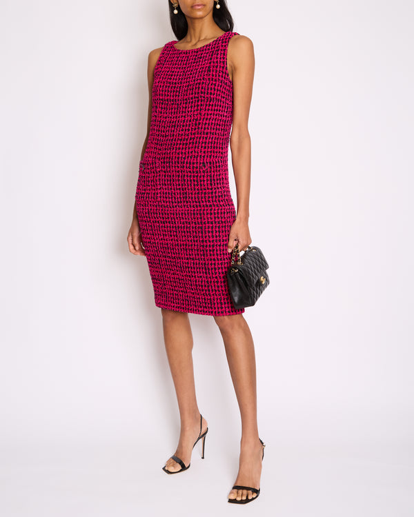 Chanel Fall 2016 Pink and Black Tweed Sleeveless Midi Dress with CC Logo Tweed Buttons Size FR 38 (UK 10)