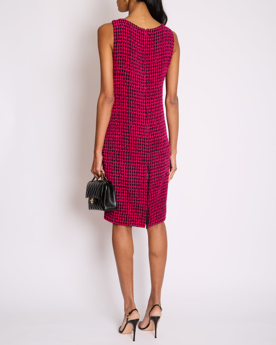 Chanel Fall 2016 Pink and Black Tweed Sleeveless Midi Dress with CC Logo Tweed Buttons Size FR 38 (UK 10)