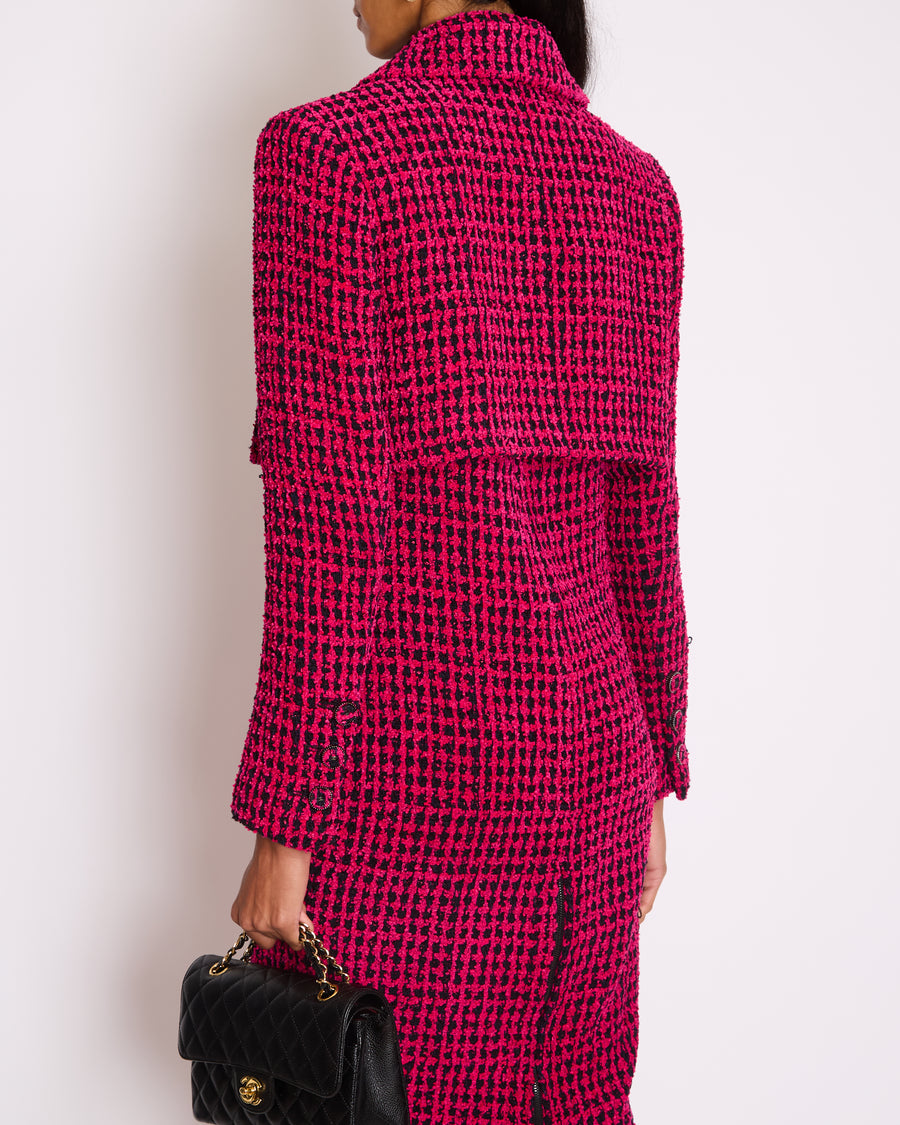 Chanel Fall 2016 Pink and Black Tweed Cropped Jacket with CC Logo Tweed Buttons Size FR 38 (UK 10)