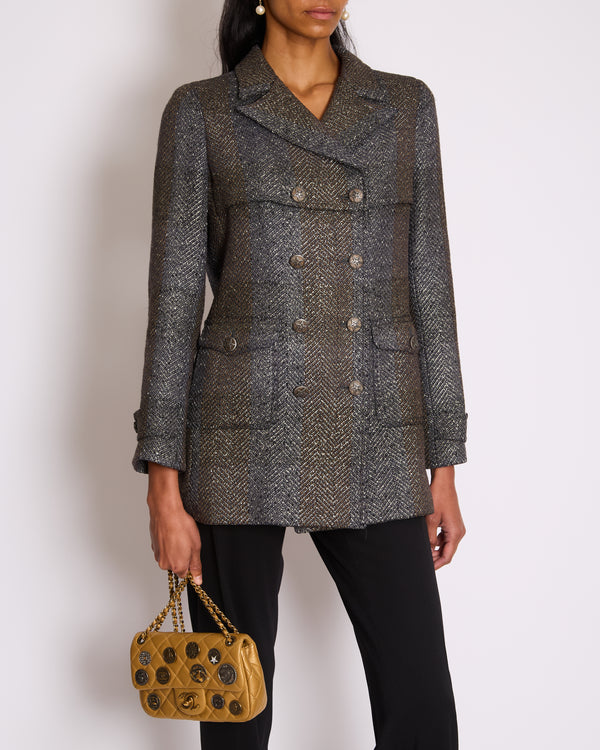 Chanel Fall 2007 Grey Metallic Tweed Double-Breasted Jacket with CC Logo Star Buttons Size FR 36 (UK 8)