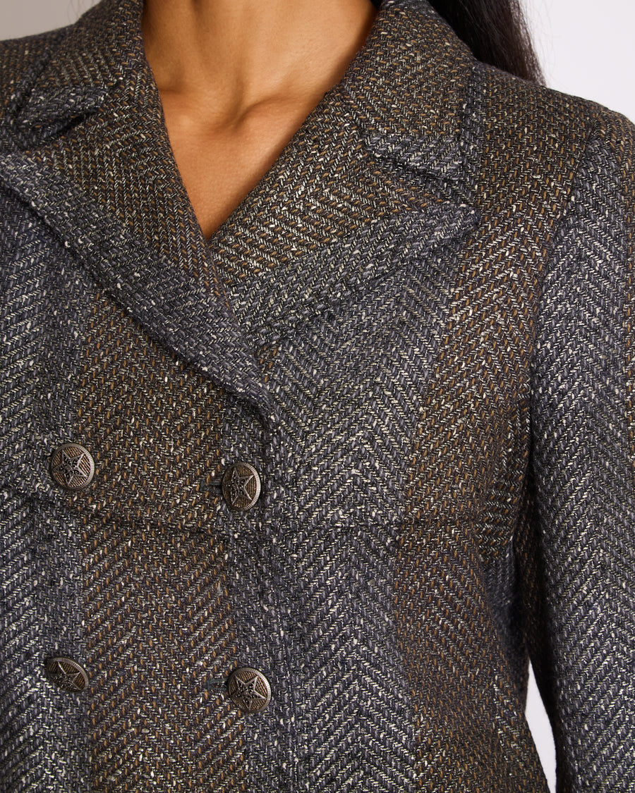 Chanel Fall 2007 Grey Metallic Tweed Double-Breasted Jacket with CC Logo Star Buttons Size FR 36 (UK 8)