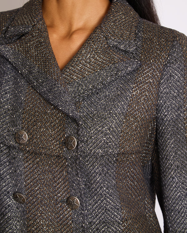 Chanel Fall 2007 Grey Metallic Tweed Double-Breasted Jacket with CC Logo Star Buttons Size FR 36 (UK 8)
