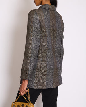 Chanel Fall 2007 Grey Metallic Tweed Double-Breasted Jacket with CC Logo Star Buttons Size FR 36 (UK 8)