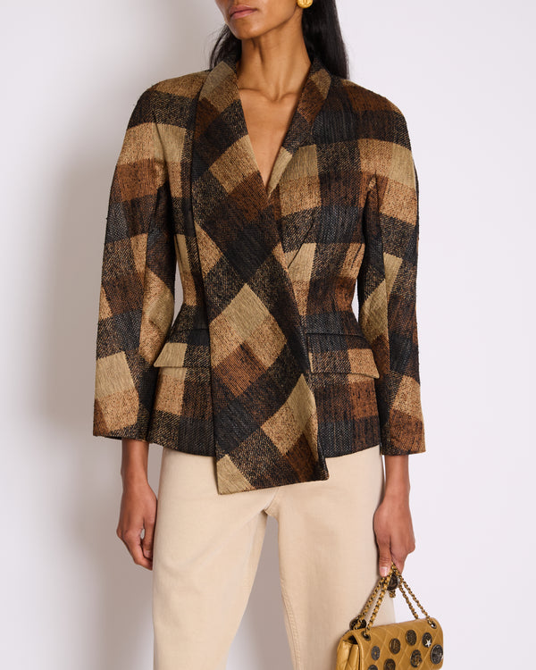 Christian Dior Brown Linen and Silk Geometric Printed Blazer Jacket Size FR 42 (UK 14)