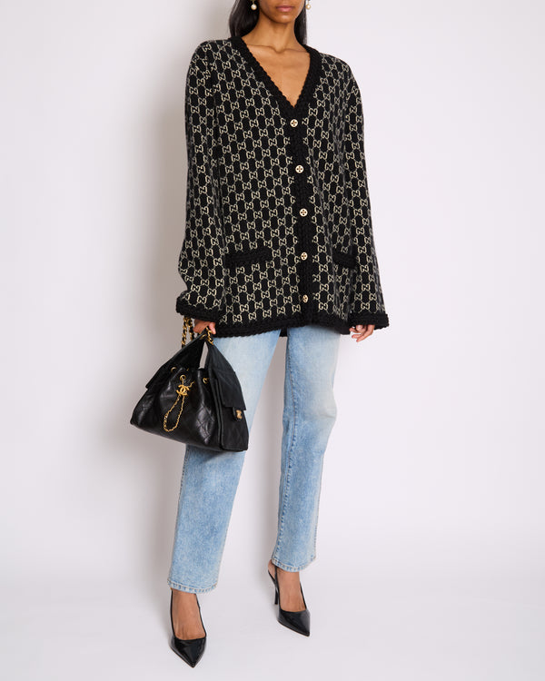 Gucci Black & White GG Supreme Wool Cardigan with Black Braided Trim & Cream Enamel Button Details Size XL (UK 16)