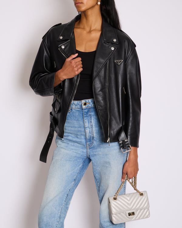 Prada Black Lambskin Leather Jacket with Logo Size IT 36 (UK 4) RRP £4,200