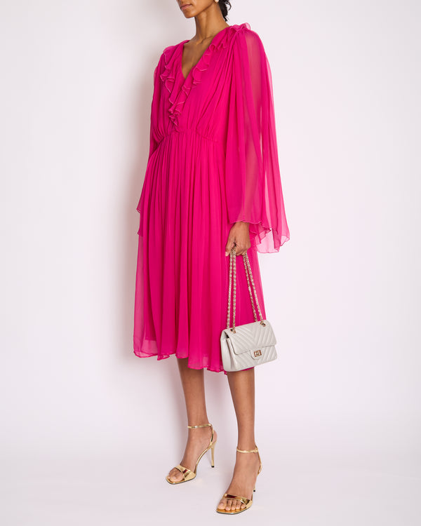 Gucci Fuchsia Silk Long Sleeve Midi Dress with V-Neck and Frill Detail Size IT 46 (UK 14)