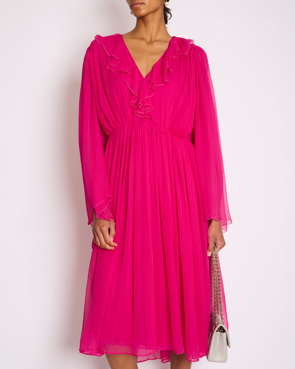 Gucci Fuchsia Silk Long Sleeve Midi Dress with V-Neck and Frill Detail Size IT 46 (UK 14)