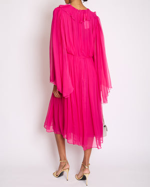 Gucci Fuchsia Silk Long Sleeve Midi Dress with V-Neck and Frill Detail Size IT 46 (UK 14)