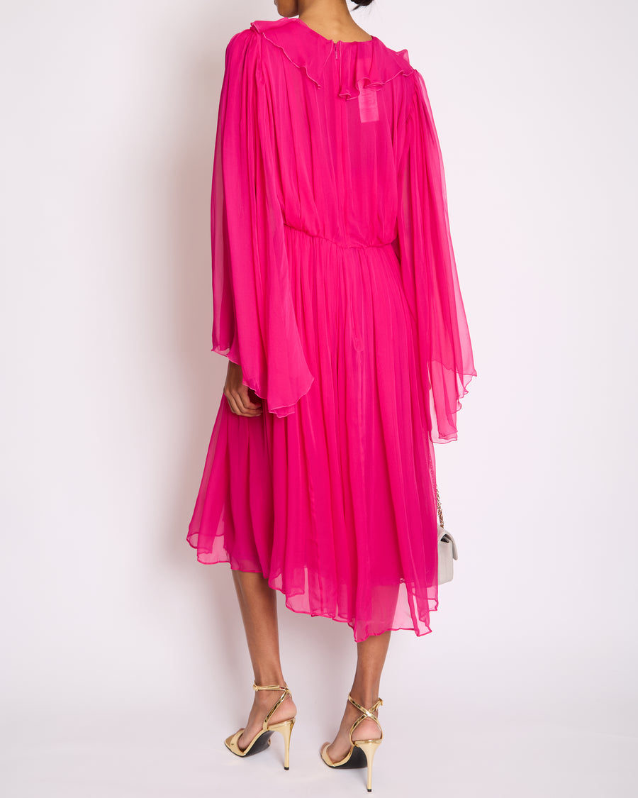 Gucci Fuchsia Silk Long Sleeve Midi Dress with V-Neck and Frill Detail Size IT 46 (UK 14)