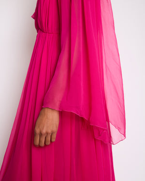 Gucci Fuchsia Silk Long Sleeve Midi Dress with V-Neck and Frill Detail Size IT 46 (UK 14)
