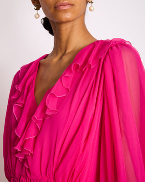 Gucci Fuchsia Silk Long Sleeve Midi Dress with V-Neck and Frill Detail Size IT 46 (UK 14)