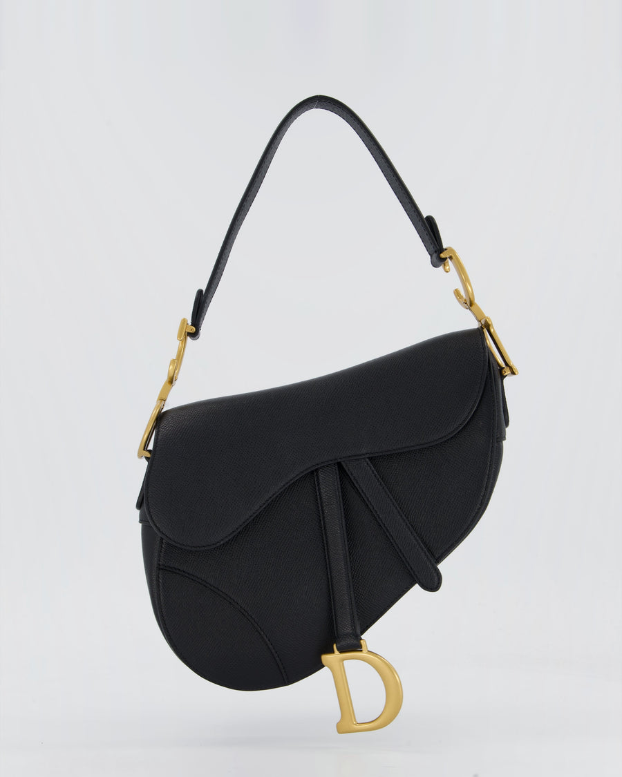 Christian Dior Black Medium Saddle Bag in Grain Calfskin Leather with Antique Gold Hardware