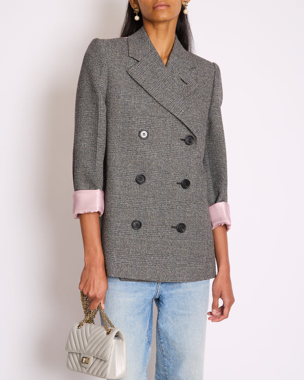 Prada Grey Prince of Wales Check &amp; Pink Satin Double Breasted Blazer with Triangle Logo Detail IT 36 (UK 4)