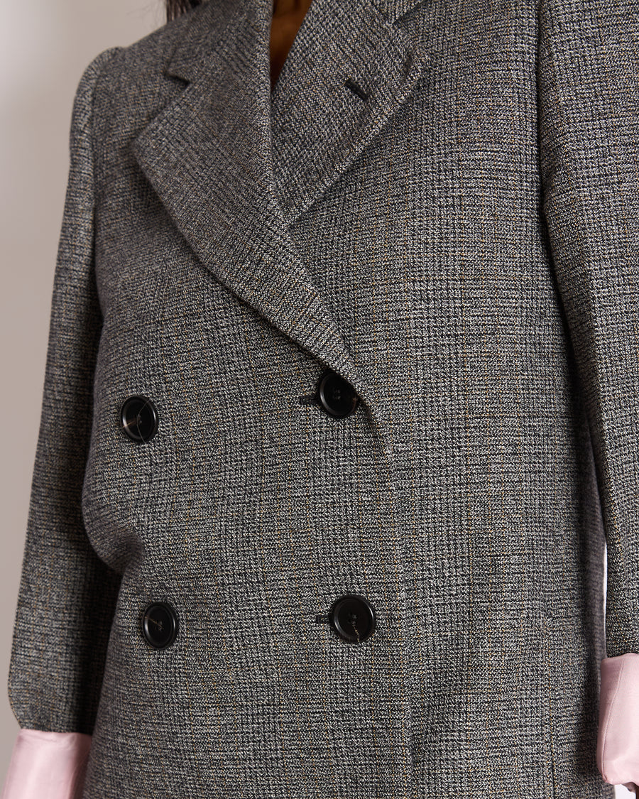 Prada Grey Prince of Wales Check &amp; Pink Satin Double Breasted Blazer with Triangle Logo Detail IT 36 (UK 4)