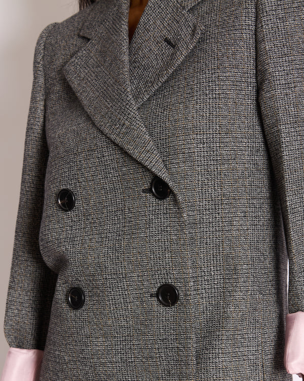 Prada Grey Prince of Wales Check &amp; Pink Satin Double Breasted Blazer with Triangle Logo Detail IT 36 (UK 4)