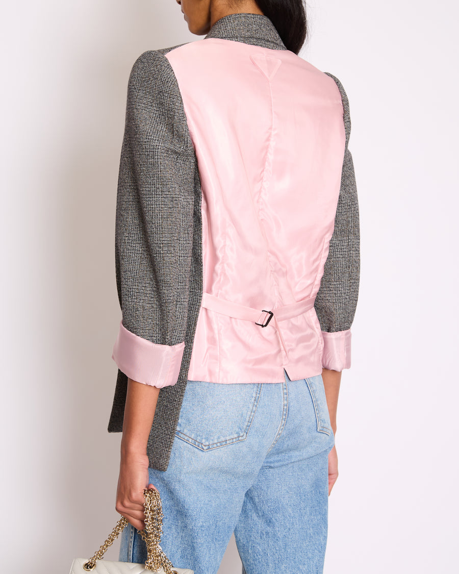 Prada Grey Prince of Wales Check &amp; Pink Satin Double Breasted Blazer with Triangle Logo Detail IT 36 (UK 4)