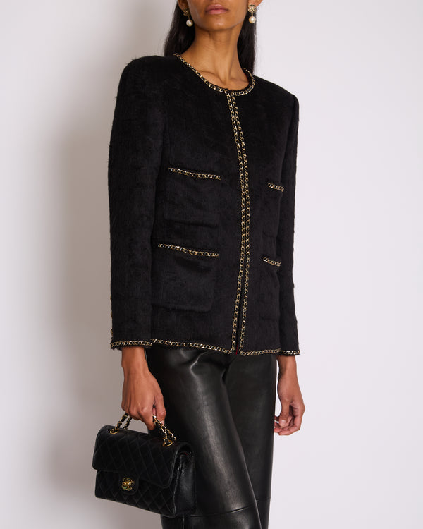 *HOT* Chanel 19A Black Llama & Wool Jacket with Gold Chain Trim and CC Buttons Size FR 36 (UK 8) £5,600