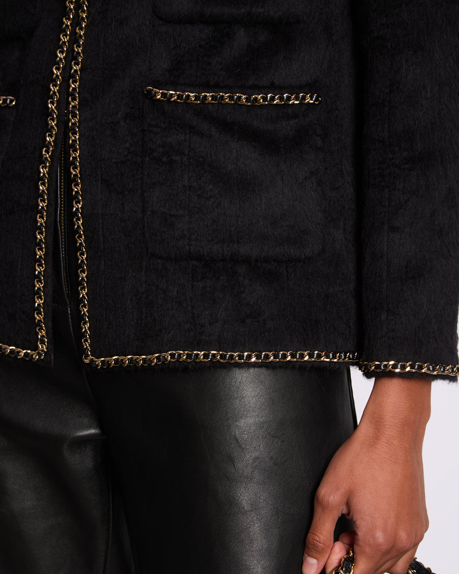 *HOT* Chanel 19A Black Llama & Wool Jacket with Gold Chain Trim and CC Buttons Size FR 36 (UK 8) £5,600