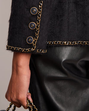 *HOT* Chanel 19A Black Llama & Wool Jacket with Gold Chain Trim and CC Buttons Size FR 36 (UK 8) £5,600