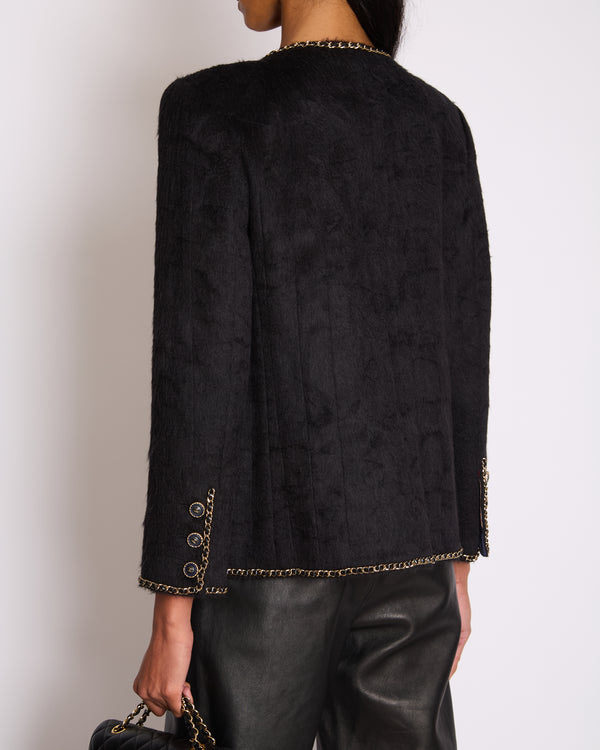 *HOT* Chanel 19A Black Llama & Wool Jacket with Gold Chain Trim and CC Buttons Size FR 36 (UK 8) £5,600