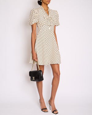 Miu Miu White Polka Dot Silk Midi Dress with Pussy Bow Collar and Short Puff Sleeves Size IT 38 (UK 6)