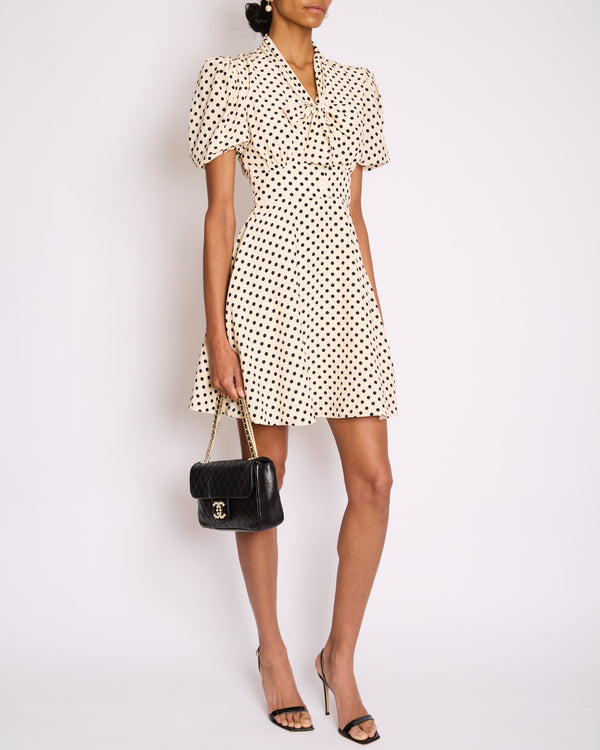 Miu Miu White Polka Dot Silk Midi Dress with Pussy Bow Collar and Short Puff Sleeves Size IT 38 (UK 6)