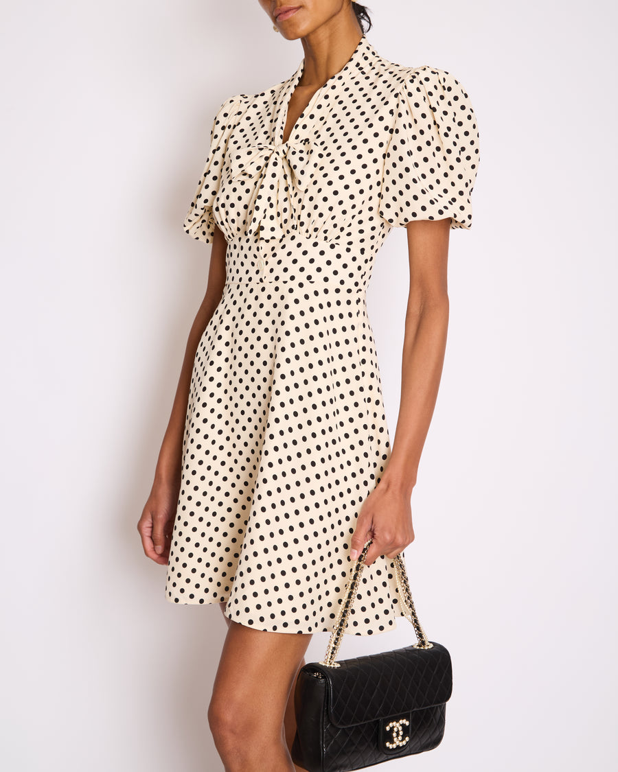 Miu Miu White Polka Dot Silk Midi Dress with Pussy Bow Collar and Short Puff Sleeves Size IT 38 (UK 6)
