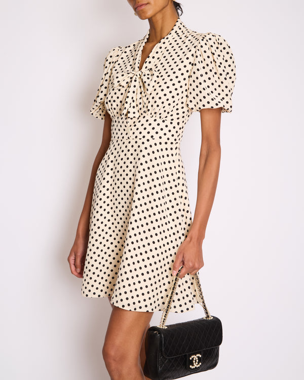 Miu Miu White Polka Dot Silk Midi Dress with Pussy Bow Collar and Short Puff Sleeves Size IT 38 (UK 6)