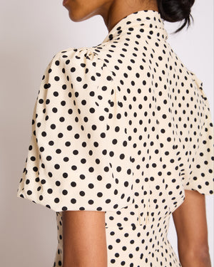 Miu Miu White Polka Dot Silk Midi Dress with Pussy Bow Collar and Short Puff Sleeves Size IT 38 (UK 6)
