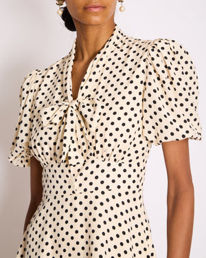 Miu Miu White Polka Dot Silk Midi Dress with Pussy Bow Collar and Short Puff Sleeves Size IT 38 (UK 6)
