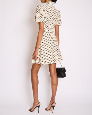 Miu Miu White Polka Dot Silk Midi Dress with Pussy Bow Collar and Short Puff Sleeves Size IT 38 (UK 6)