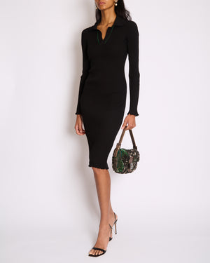 Bottega Veneta Black Ribbed Long Sleeve Midi Dress with Green Stitch Detail and Collar Size XS (UK 6)