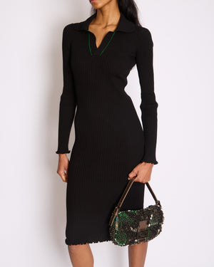 Bottega Veneta Black Ribbed Long Sleeve Midi Dress with Green Stitch Detail and Collar Size XS (UK 6)