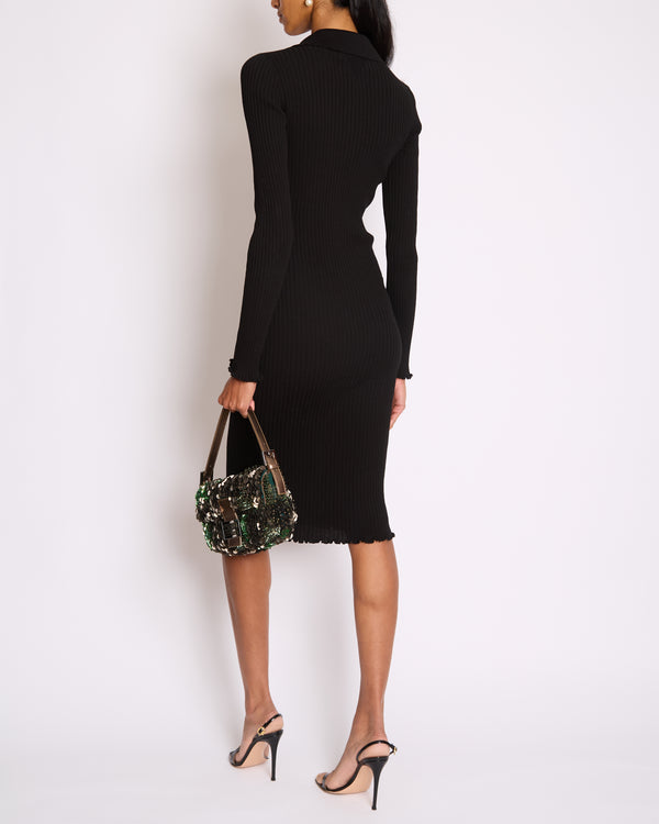 Bottega Veneta Black Ribbed Long Sleeve Midi Dress with Green Stitch Detail and Collar Size XS (UK 6)