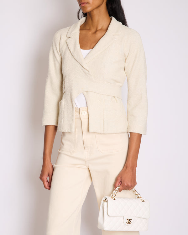 Chanel White Tweed Belted Glitter Jacket with Enamel CC Belt Detail Size FR 36 (UK 8)