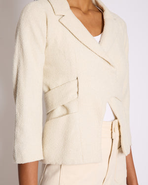 Chanel White Tweed Belted Glitter Jacket with Enamel CC Belt Detail Size FR 36 (UK 8)