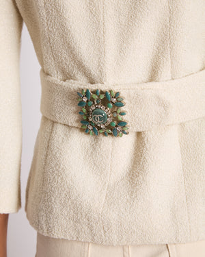 Chanel White Tweed Belted Glitter Jacket with Enamel CC Belt Detail Size FR 36 (UK 8)