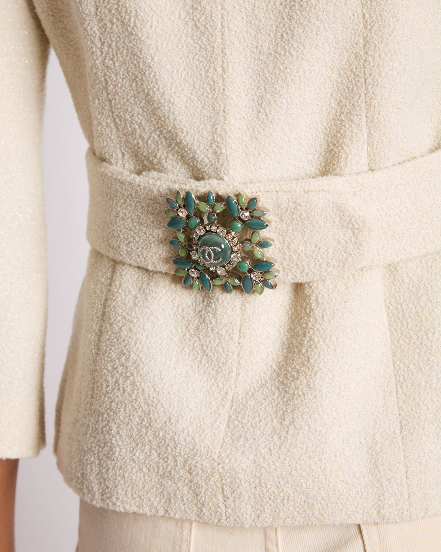Chanel White Tweed Belted Glitter Jacket with Enamel CC Belt Detail Size FR 36 (UK 8)