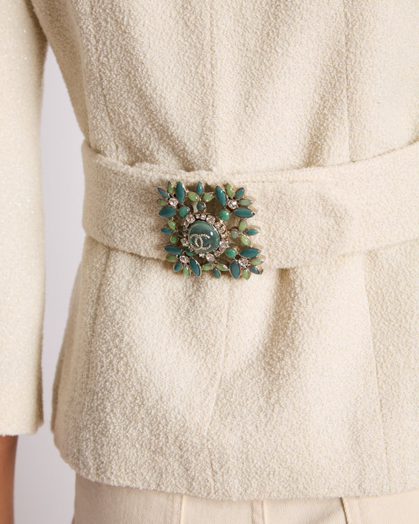 Chanel White Tweed Belted Glitter Jacket with Enamel CC Belt Detail Size FR 36 (UK 8)
