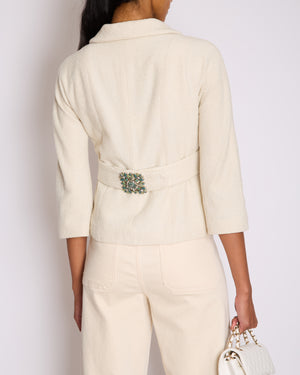 Chanel White Tweed Belted Glitter Jacket with Enamel CC Belt Detail Size FR 36 (UK 8)