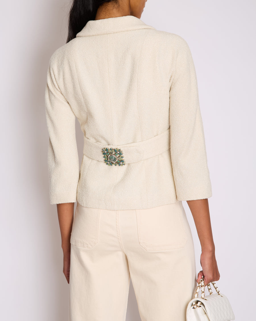 Chanel White Tweed Belted Glitter Jacket with Enamel CC Belt Detail Size FR 36 (UK 8)