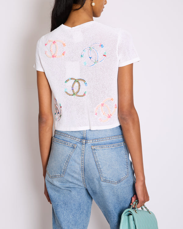Chanel SS/19 White Mesh CC Embroidered T-Shirt Size FR 38 (UK 10)