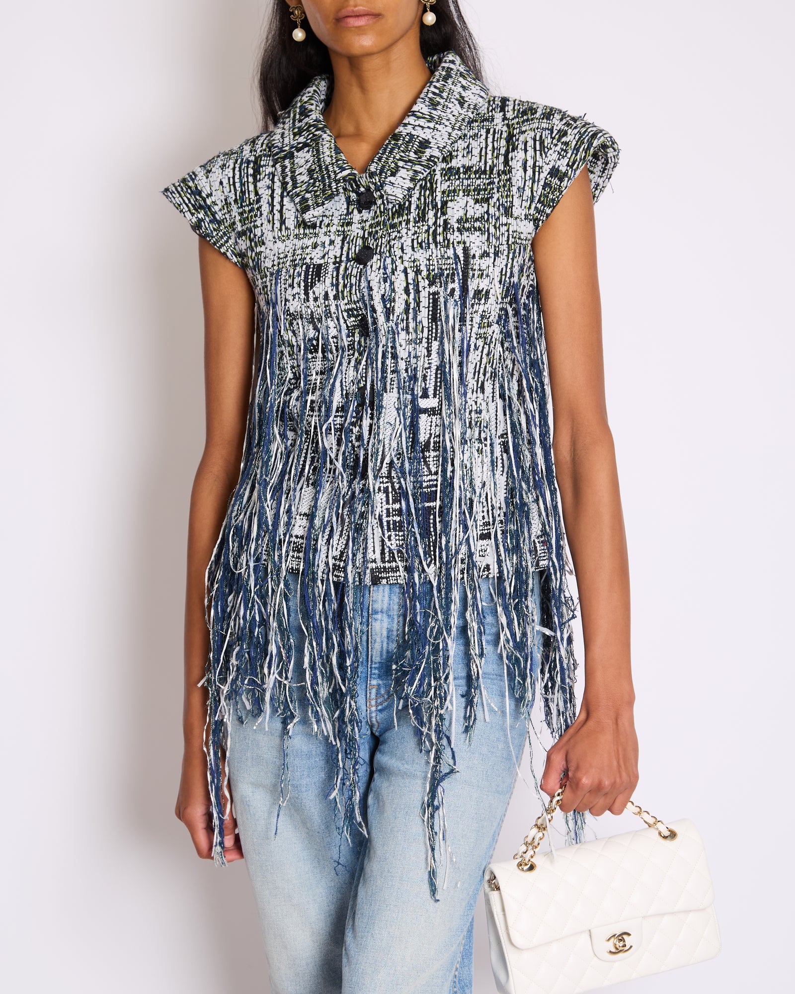 Chanel SS/18 Navy Tweed Vest with Fringe Detail Size FR 36