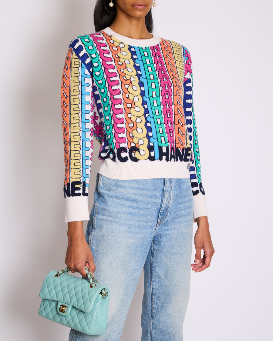Chanel 21K Multicolour Graphic Logo Cashmere Jumper with Strass Emblem Detail Size FR 34 (UK 6)