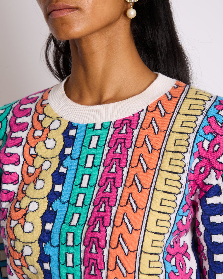 Chanel 21K Multicolour Graphic Logo Cashmere Jumper with Strass Emblem Detail Size FR 34 (UK 6)