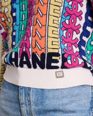 Chanel 21K Multicolour Graphic Logo Cashmere Jumper with Strass Emblem Detail Size FR 34 (UK 6)