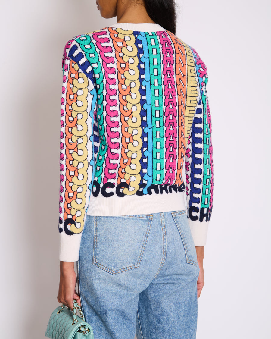 Chanel 21K Multicolour Graphic Logo Cashmere Jumper with Strass Emblem Detail Size FR 34 (UK 6)