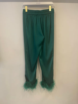 Nadine Merabi Green Satin Top and Trousers Set with Feather Trim Detail and Crystal Buttons Size UK 6/8