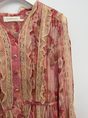 Zimmermann Pink Floral Viscose Long-Sleeve Floral Midi Dress with Lace Details Size 0 (UK 8)